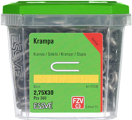 Förpackning innehållande 360 krampor, storlek 2,75x30 mm, i en transparent plastlåda med grön lock.