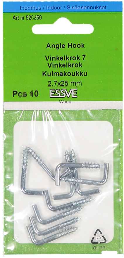 Förpackning med 10 vinklade krokar av metall, märkta "ESSVE 2,7x25 mm".