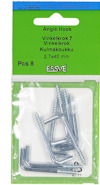 Förpackning med åtta vinkelkrokar, 2.7x40 mm, från Essve. Grön etikett med text på flera språk.