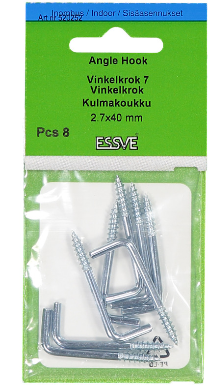 Förpackning med åtta vinkelkrokar, 2.7x40 mm, från Essve. Grön etikett med text på flera språk.
