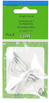 Förpackning med sex vinkelkrokar, 2.7x40 mm, från Essve. Text på svenska, engelska och finska. Inomhusbruk.