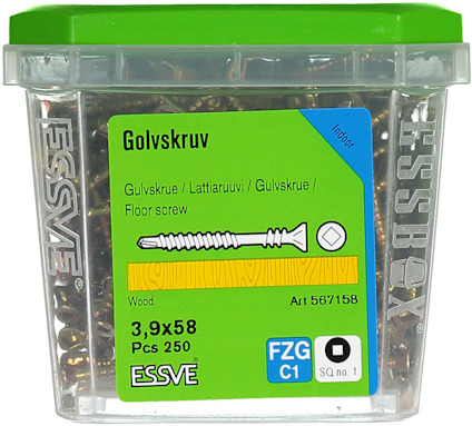 Plastburk med golvskruvar, etikett märkt "Golvskruv, 3,9x58, 250 st, Art 56715B".