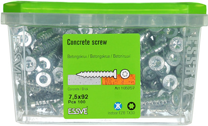 Plastlåda med 100 betongskruvar, 7,5x92 mm, märke ESSVE, grön etikett.