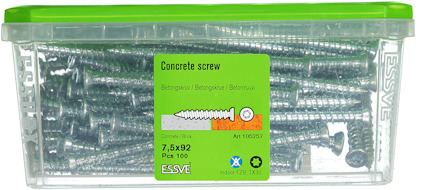 Plastlåda med betongskruvar, grönt lock. Text på etikett: "Concrete screw, 7,5x92, Pcs 100, ESSVE".