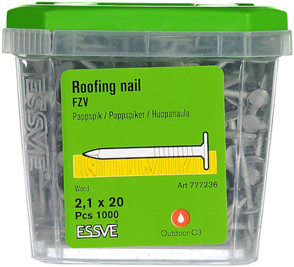 Plastlåda med 1000 takspikar, etikett med information: "Roofing nail FZV 2,1 x 20".