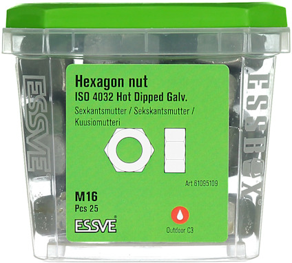 Förpackning med Essve hexagonmuttrar M16, ISO 4032, varmförzinkade, 25 st.