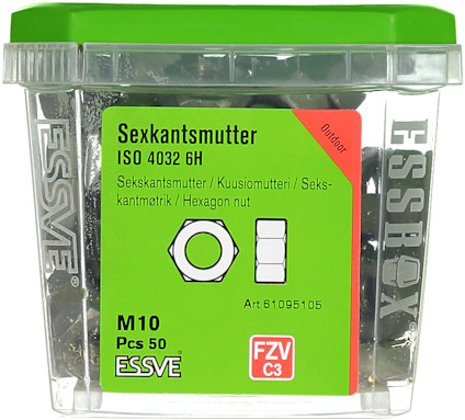 Förpackning med sexkantmuttrar, ISO 4032 6H, M10, 50 st, ESSVE, artikelnummer 61095105.