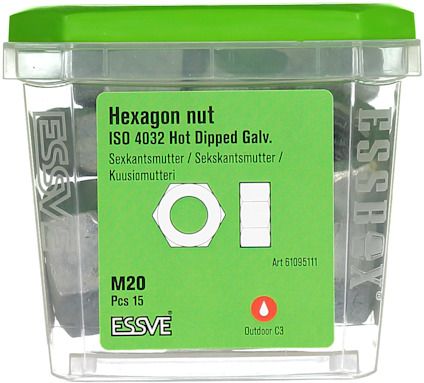 Förvaringslåda med grön etikett innehållande "Hexagon nut ISO 4032 Hot Dipped Galv. M20, 15 st."