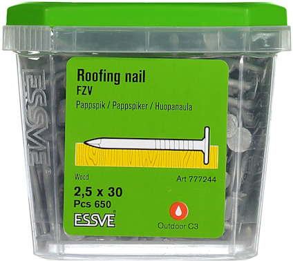 Plastlåda med 650 pappspik 2,5 x 30 mm, märkt "ESSVE", "Roofing nail", "Art 777244".