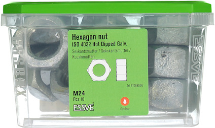 Plastlåda med grøn lock innehållande M24 hexagonmutter, 10 st, enligt ISO 4032, varmförzinkade.