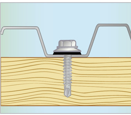 Skruv med bricka som fäster vågformat plåtmaterial vid trä.