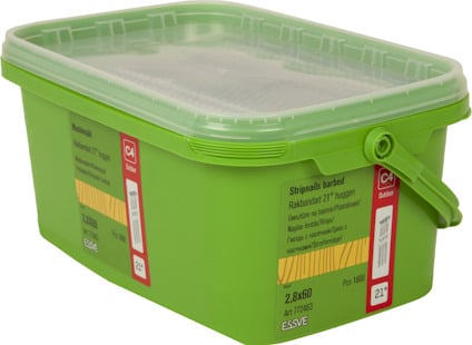 Grön förpackning med C4 trallskruv, 2,8x60 mm, 2100 stycken. Text i gult fält och locket är genomskinligt.