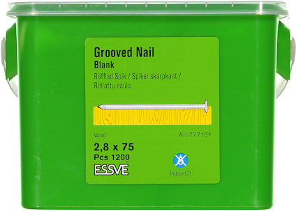Grön låda med texten: "Grooved Nail Blank 2,8 x 75 mm Pcs 1200, Art 777161, ESSVE, Indoor C1".