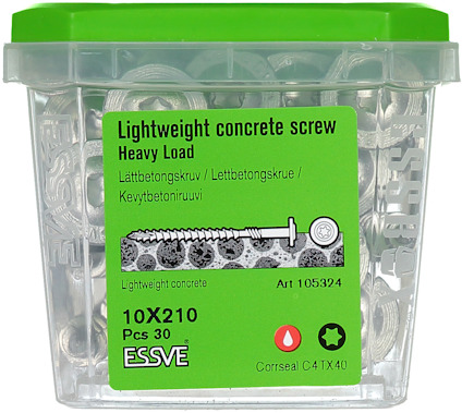 Plastlåda med "Lightweight concrete screw Heavy Load" 10x210 mm skruvar, 30 st, artikelnummer 105324, varumärke ESSVE.