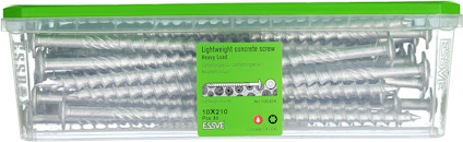 Transparent box containing galvanized concrete screws with green lid. Text: "Lightweight concrete screw heavy load."