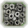 Hex nuts in a plastic container, viewed from above.