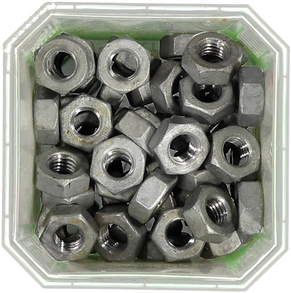 Hex nuts in a plastic container, viewed from above.