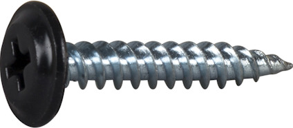 Svartlackad skruv med silverfärgad gänga och vass spets på en ljus yta.