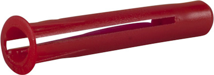 Röd plastplugg med delvis ihålig och slitsad design.