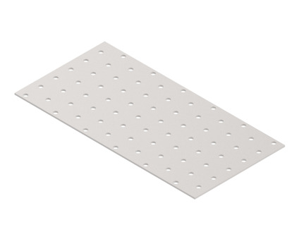 Rektangulär metallplatta med jämnt fördelade hål över ytan.