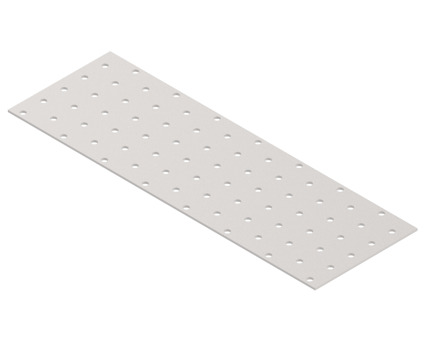 Rektangulär metallplatta med ett rutnät av små runda hål över hela ytan.