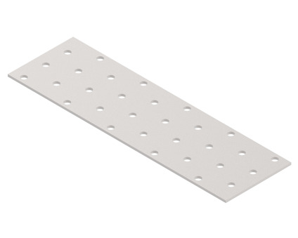 Rektangulär metallplåt med rader av jämnt fördelade hål.