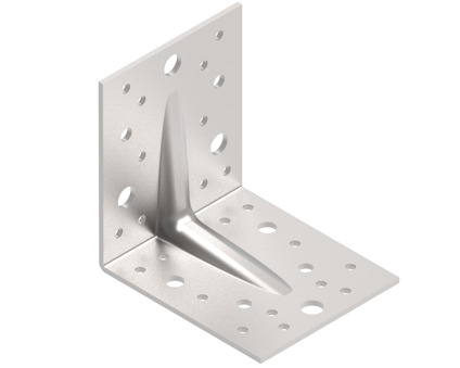 Metallvinkel med förstärkning och flera förborrade hål, designad för byggnadsändamål.