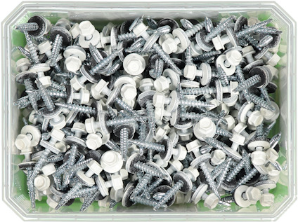 Låda med vita och grå självborrande skruvar.