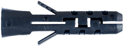 Svart nylonplugg med expansionselement och räfflad yta.