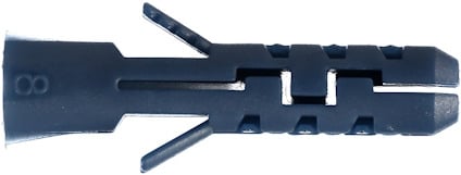 Mörkblå nylonplugg med slitsar och utstickande flänsar.