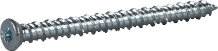 Metallskruv med försänkt huvud och grova gängor.
