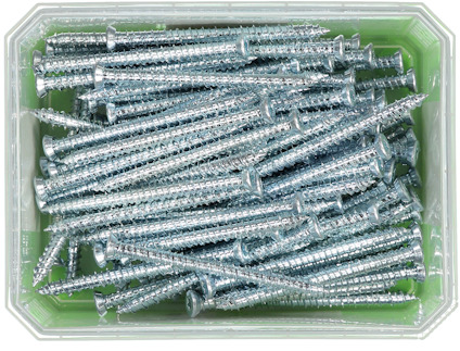 Skruvar i en genomskinlig plastlåda.