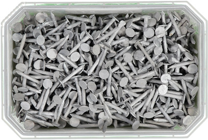 Låda med många silverfärgade spik med breda huvuden.