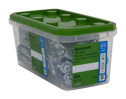 Plastlåda med gipsexpander M5D från Essve, innehållande 50 st. Grön lock och etikett med produktinformation.