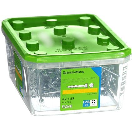 Transparent plastlåda med grönt lock innehållande spånskiveskruvar, etikett: "Spånskiveskruv 4,2 x 55".