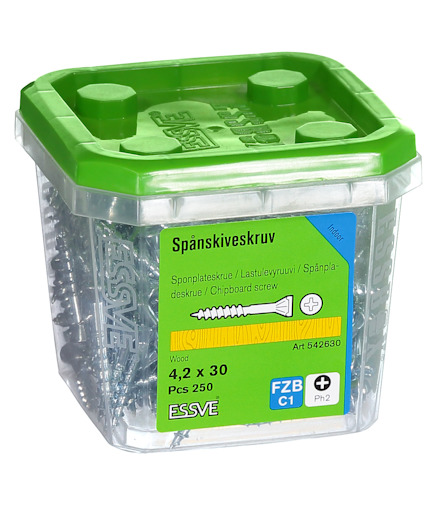 Förpackning med spånskiveskruv från Essve, 4,2 x 30 mm, 250 st, grönt lock.