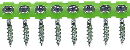 Skruvar i en rad, monterade i en grön plastremsa.