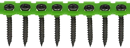 Självborrande skruvar i band med grönt plastfäste och stjärnformade skruvhuvuden.
