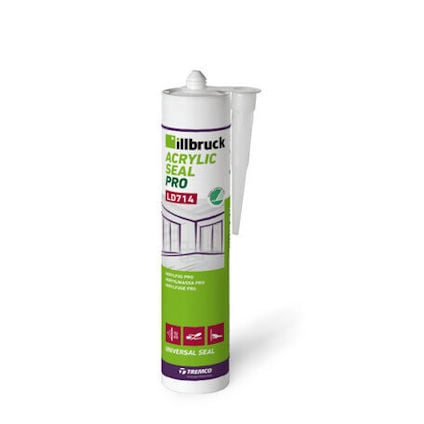 Vit tub med texten "Tremco illbruck Acrylic Seal Pro LD714 Universal Seal".
