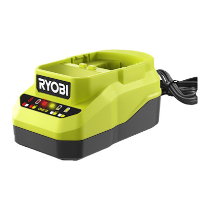 Grön Ryobi laddare med svart kabel och kontrollpanel med röda och gula ljusindikatorer.