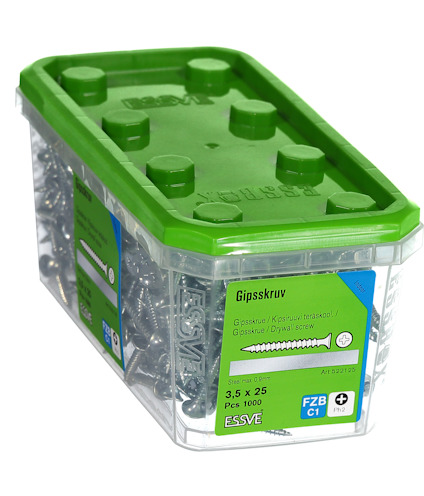 En genomskinlig plastlåda med grönt lock innehållande 1000 gipsskruvar, stål med fosfatbeläggning.