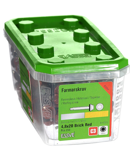 Transparent plastlåda med grönt lock innehållande "Farmarskruv 4,8x20 Brick Red", 250 stycken.