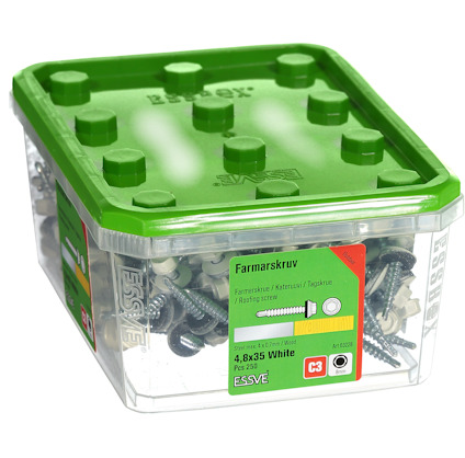 Plastlåda med vita farmerskruvar, 4,8x35 mm, 250 st. Grön etikett: "Farmarskruv/Kateruuv/Roofing screw".