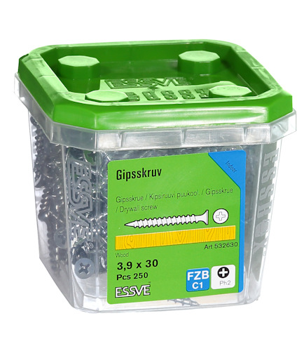 Behållare med gipsskruvar, 3,9 x 30 mm, 250 stycken, ESSVE märkt, grön och genomskinlig förpackning.
