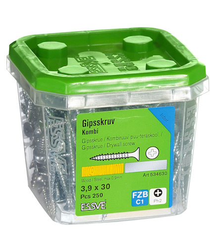 Behållare med 250 st gipsskruvar, märkt "ESSVE". Gröna lock, text "3,9 x 30" och "Art 534630".