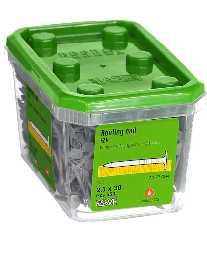 Behållare med grönt lock innehållande takspik, 2,5 x 30 mm, 650 st, artikelnummer 777244.