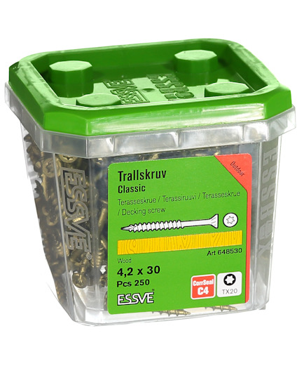 Förpackning med ESSVE trallskruv, 4,2 x 30 mm, C4, 250 st, grön lock.