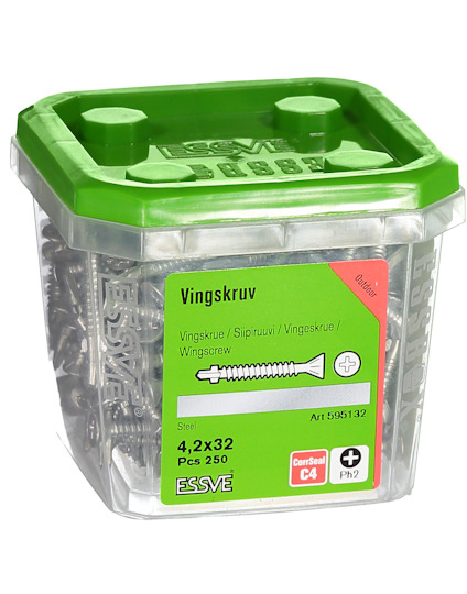 Transparent plastburk med grön lock, innehållande 250 vingskruvar, storlek 4,2x32 mm, märke Essve.