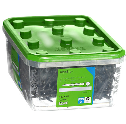 Låda med 900 gipsskruvar, 3,5 x 41 mm, från ESSVE. Grön etikett med produktinformation.