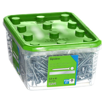 Förpackning med gipsskruv, Essve, 3,5 x 41 mm, 900 st, C1, FHZ, PH2. Grönt lock.